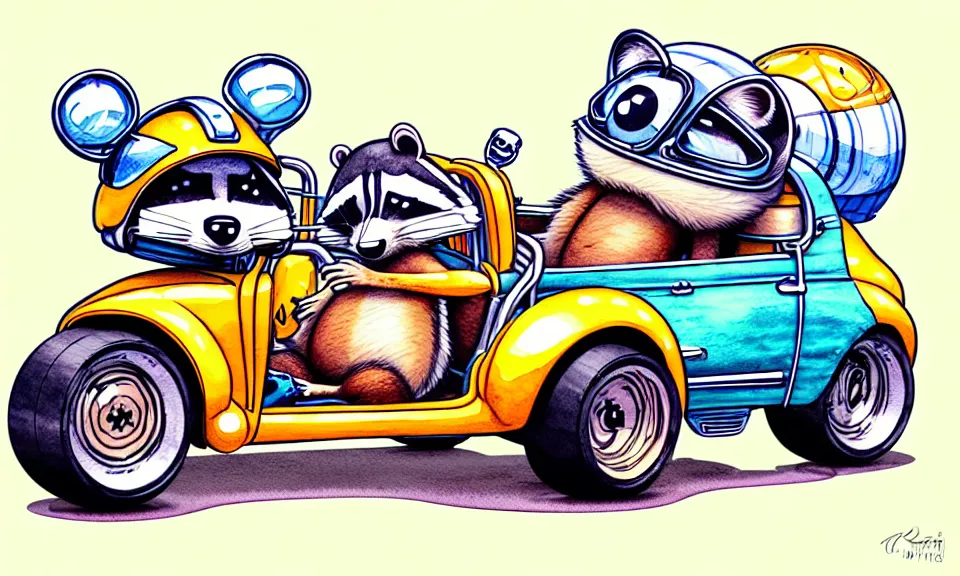 Image similar to cute and funny, racoon wearing a helmet riding in a hot rod with oversized engine, ratfink style by ed roth, centered award winning watercolor pen illustration, isometric illustration by chihiro iwasaki, edited by range murata, tiny details by artgerm and watercolor girl, symmetrically isometrically centered