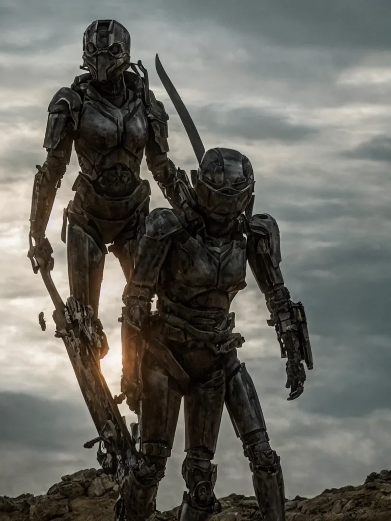 Image similar to emily blunt in futuristic power armor, alone, standing atop a hill, raising her sword, edge of tomorrow movie, angel of verdun, sunset