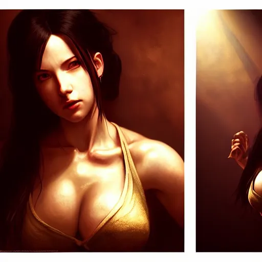 Image similar to Seductive, riveting Tifa Lockhart portrait, atmospheric lighting, painted, intricate, golden hour, ultra detailed by Leesha Hannigan, Ross Tran, Thierry Doizon, Kai Carpenter, Ignacio Fernández Ríos