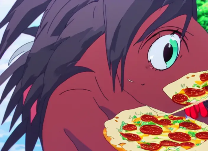 Prompt: anime film still of a dragon eating a pizza, 8 k