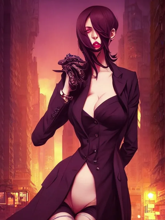 Image similar to full body picture of a mafia madam in the night city, bored, beautiful and aesthetic, intricate, unreal engine, messy hair, highly detailed, detailed face, smooth, sharp focus, chiaroscuro, manga illustration, artgerm, greg rutkowski, ilya kuvshinov, rossdraws, alphonse mucha, young adult light novel cover art