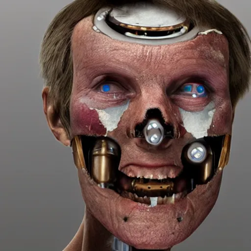 Prompt: a withered human wearing a cyborg faceplate over eyes, gnashing teeth