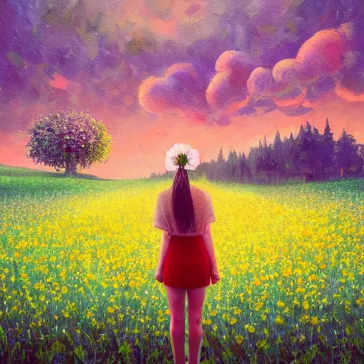 Image similar to girl with a mega flower as a face, surreal photography, dream, standing in flower field, hills, big trees, sunrise dramatic light, impressionist painting, colorful clouds, digital painting, pointillism, artstation, simon stalenhag, flower face