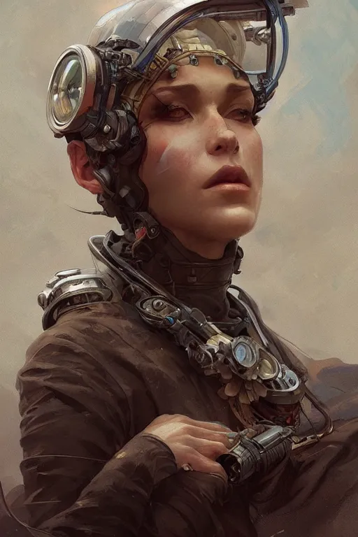 Image similar to A full portrait of a beautiful post apocalyptic pod racer, intricate, elegant, highly detailed, digital painting, artstation, concept art, smooth, sharp focus, illustration, art by Krenz Cushart and Artem Demura and alphonse mucha