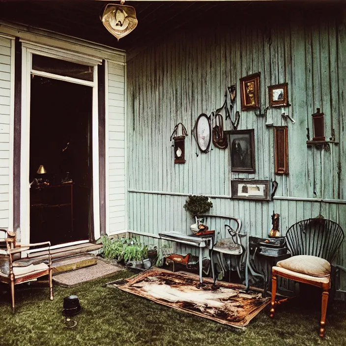 Image similar to kodak portra 4 0 0, wetplate, fisheye, award - winning portrait by britt marling, 1 9 2 0 s victorian porch, outside, ghost, picture frames, shining lamps, dust, smoke, 1 9 2 0 s furniture, wallpaper, carpet, books, muted colours, wood, fog, plants, flowers