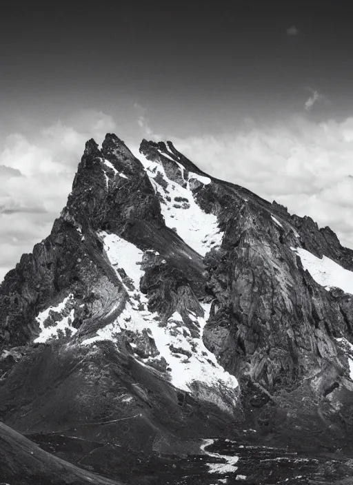 Image similar to old lost footage in black and white of a beautiful mountain,hyper realistic 8K HD real life photo