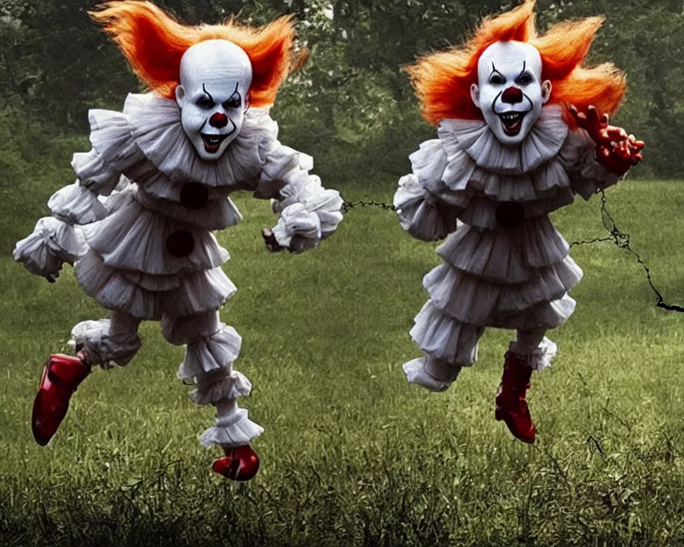 Prompt: a horror movie poster featuring a raidioactive Pennywise jumping through a electric fence