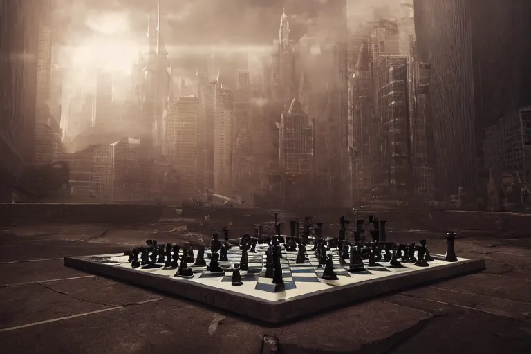 Image similar to A dystopian future in a larger than life-size game of Chess, evil, demonic, angelic, environment concept, Rendered in Octane, trending on artstation, cgsociety, moody lighting rendered by octane engine, environment 8K artstation, cinematic lighting, intricate details, 4k detail post processing, hyperealistic, octane render, photo realism