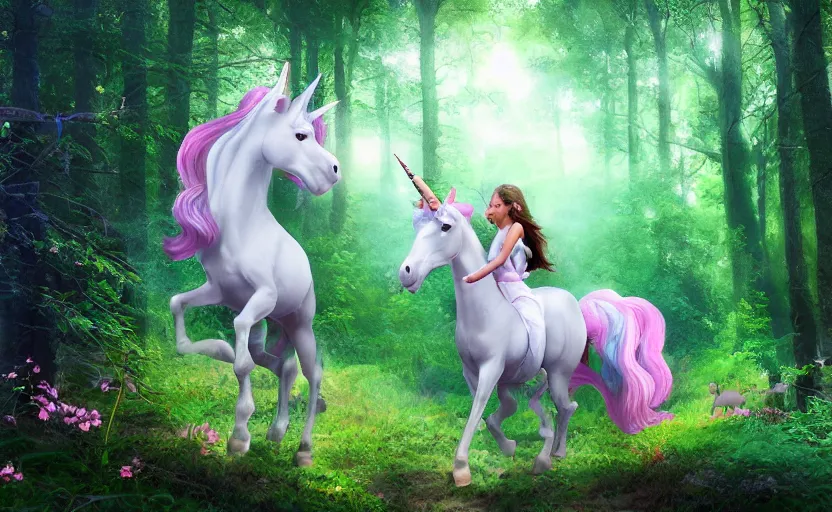 Image similar to princess riding a unicorn, in a forest clearing, ultra realistic, photorealistic, digital art,