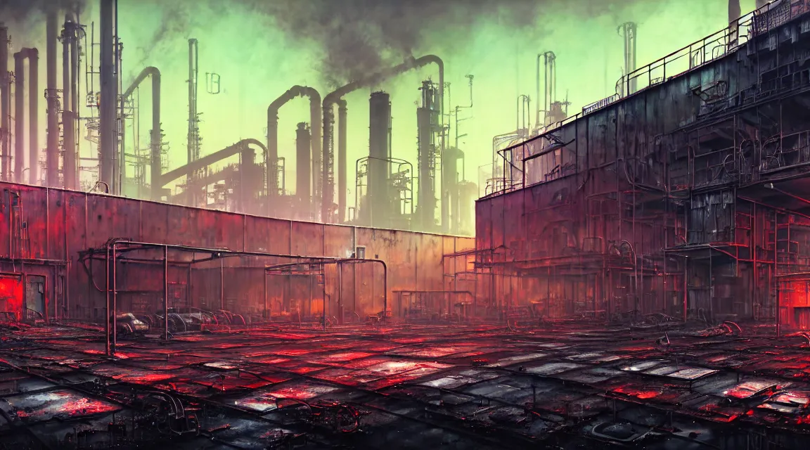 Prompt: post apocalyptic factory, hot weather, industrial modern contemporary urban architecture, by pascal blanche, neil blevins, thomas kinkade, apocalyptic color palette, trending on artstation, photorealistic, neon ambiance, ultra detailed, high definition, depth of field, bokeh, rubble, wild vegetation, blood stains, building crumbling