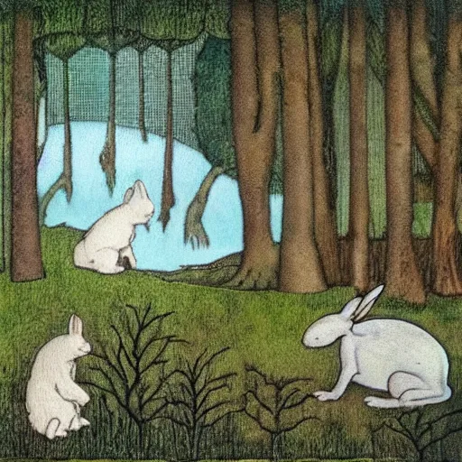 Prompt: a white rabbit in a forest, a pond in the foreground, in the style of John Bauer