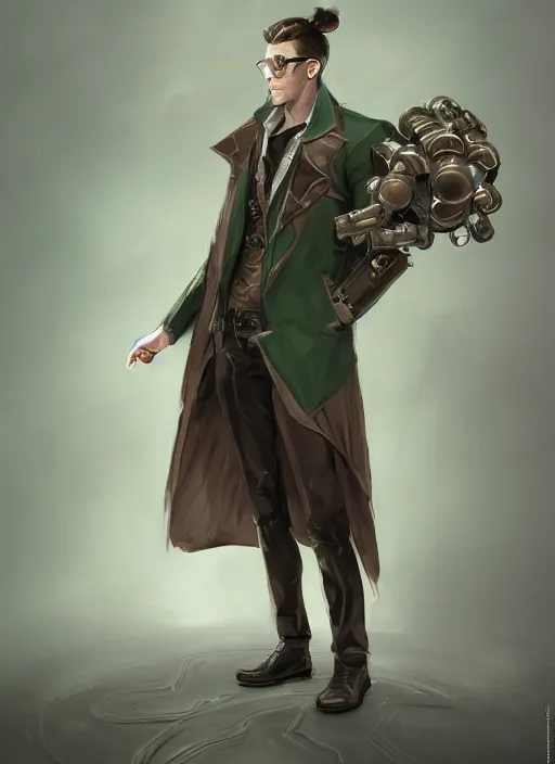 Image similar to a highly detailed illustration of thick wavy brown haired young white guy wearing brown detective trench coat and wearing dark green mask, with many long mechanical arms on his back, dramatic standing pose, intricate, elegant, highly detailed, centered, digital painting, artstation, concept art, smooth, sharp focus, league of legends concept art, WLOP