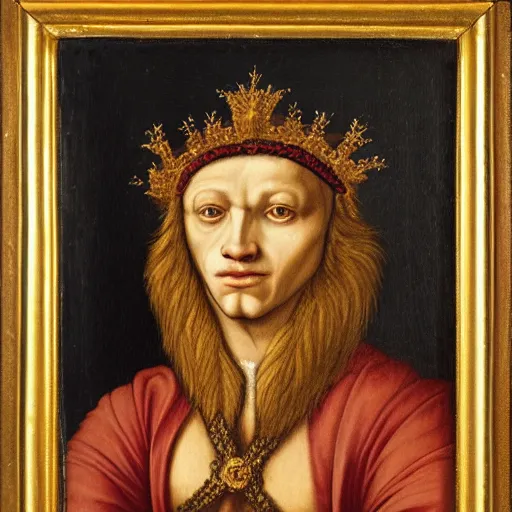 Image similar to a renaissance style portrait painting of a Lion, wearing a crown and cape, dark background