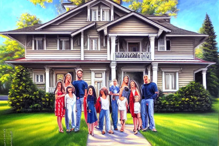 Image similar to painting of a famaly photo in front of the house, fine details, magali villeneuve, artgerm, rutkowski