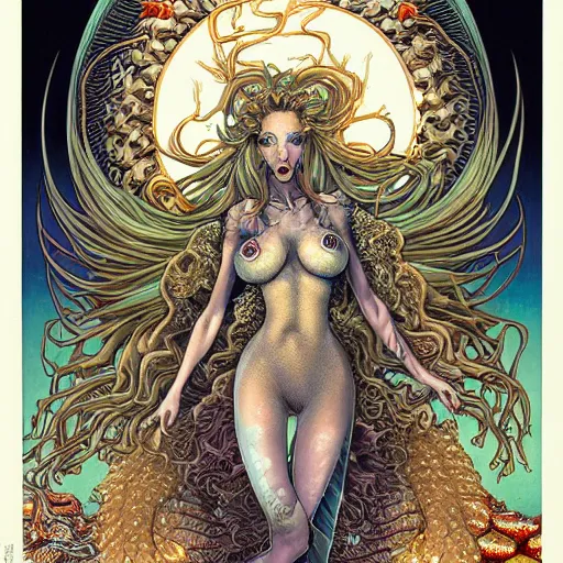 Image similar to portrait of crazy mermaid, symmetrical, by yoichi hatakenaka, masamune shirow, josan gonzales and dan mumford, ayami kojima, takato yamamoto, barclay shaw, karol bak, yukito kishiro