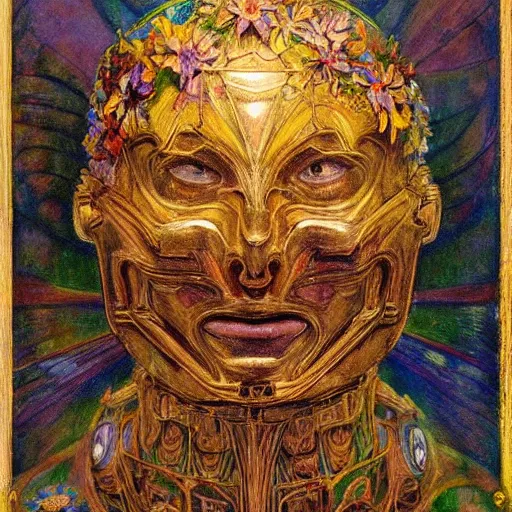 Prompt: masterpiece painting of the head of the robot flower king, by annie swynnerton and jean delville and tino rodriguez, flower mask, symbolist, dramatic lighting, god rays, elaborate geometric ornament, art brut, soft cool colors, smooth, sharp focus, extremely detailed, adolf wolfli