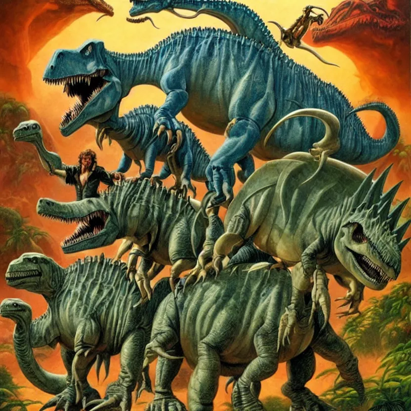 Image similar to metalheads riding dinosaurs in the space jungle, boris vallejo style, lord of the rings