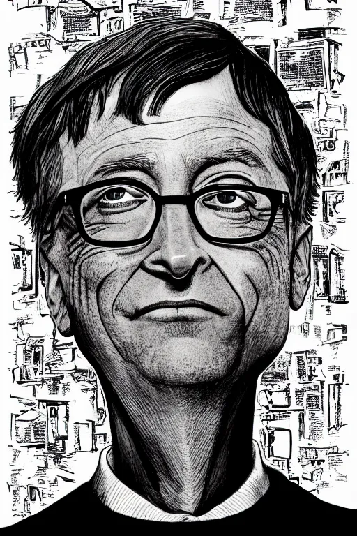 Image similar to Bill Gates full body portrait, body horror, black and white Illustration by Junji Ito