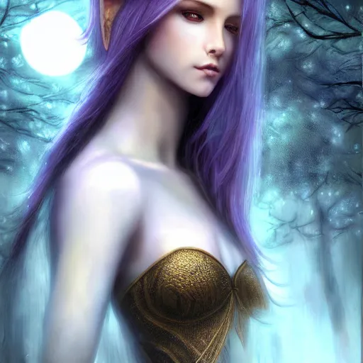 Image similar to masterpiece digital painting realistic portrait of beautiful elf goddess, 3 0 years woman, close face view, soft face, moonlight, elf forest background, at night, by luis royo, artstation, deviantart, unreal engine, 8 k, cinematic lights, dark blue purple tones, aura effects, light sparks