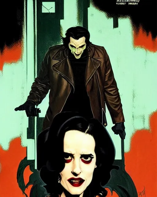 Image similar to Rafael Albuquerque comic cover art, Norman Rockwell, Joshua Middleton, pretty Eva Green vampire, sharp vampire teeth, sarcastic smile, symmetrical eyes, symmetrical face, brown leather jacket, jeans, long black hair, full body, building on fire, cool colors