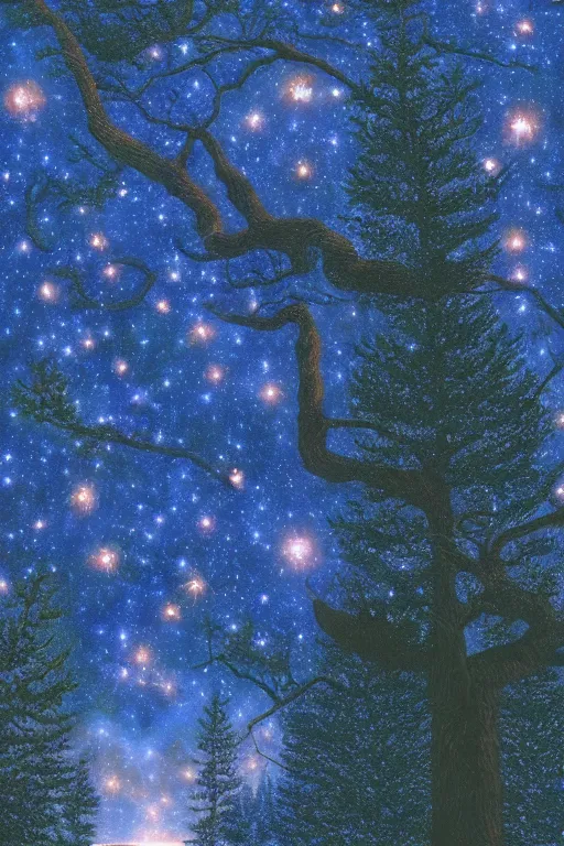 Prompt: A beautiful ultra detailed matte painting a galaxy sky and stars at night trees, by rob Gonsalves, trending on artstation