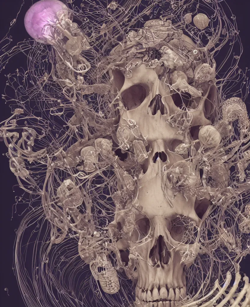 Prompt: close-up portrait goddess skull, thorax, x-ray, backbone, jellyfish phoenix head, nautilus, orchid, skull, betta fish, bioluminiscent creatures, dark deep background, intricate artwork by Tooth Wu and wlop and beeple. octane render, trending on artstation, greg rutkowski very coherent symmetrical artwork. cinematic, black and white, contrast, hyper realism, high detail, octane render, 8k