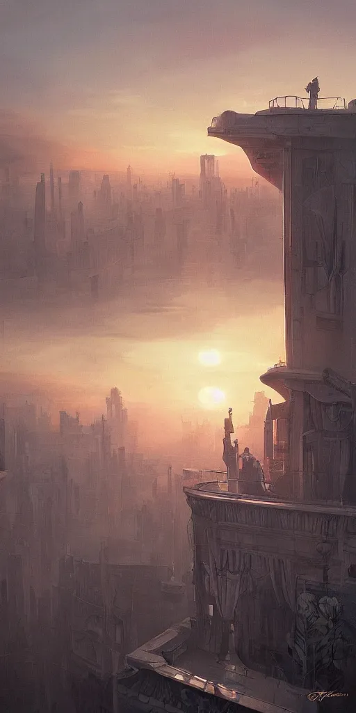 Image similar to greg rutkowski, morning sunrise over highly detailed artdeco palace