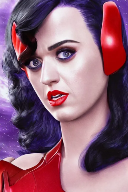 Prompt: katy perry as scarlet witch in the avengers, portrait realistic photograph, very detailed face