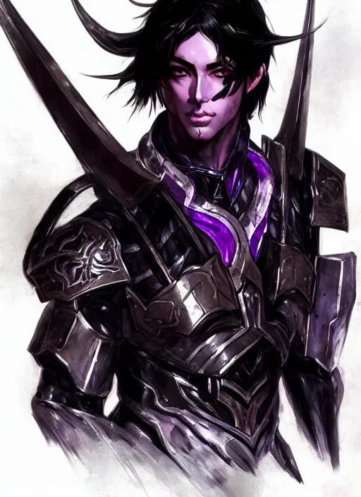 Image similar to Half body portrait of a handsome black haired elven warrior in black and purple heavy steel armour. In style of Yoji Shinkawa and Hyung-tae Kim, trending on ArtStation, dark fantasy, great composition, concept art, highly detailed.