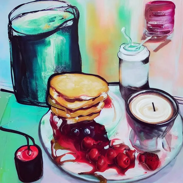 Image similar to “ sensual, neo - expressionism, surrealism, a portrait in a female art student ’ s apartment, pancakes, iced latte, berries, art supplies, a candle dripping white wax, berry juice drips, acrylic and spray paint and oilstick on canvas ”