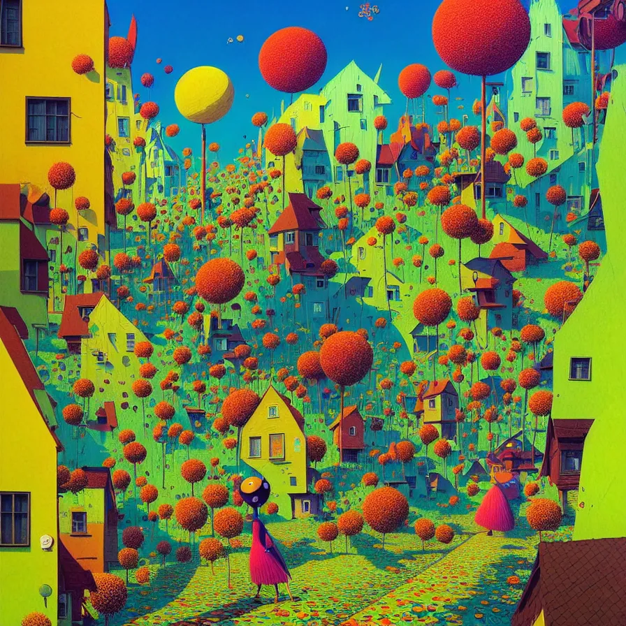 Prompt: surreal glimpse into other universe, jalan - jalan, summer morning, very coherent and colorful high contrast, art by!!!! gediminas pranckevicius!!!!, geof darrow, floralpunk screen printing woodblock, dark shadows, hard lighting, stipple brush technique,