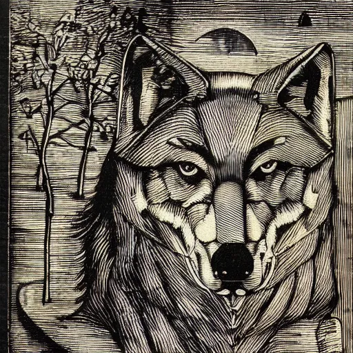 Image similar to wolf by albrecht durer. woodcut.