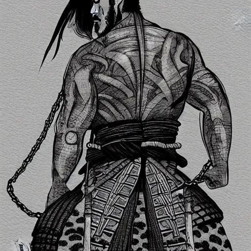 Image similar to A PORTRAIT FROM BEHIND OF A SAMURAI MAN VAGABOND WITH A MOON BEHIND HIM ,THE SAMURAI IS WRAPPED IN CHAINS ,detailed, concept art, ink style , sketch