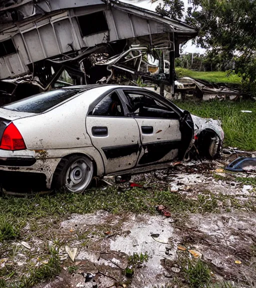 Prompt: crashed ek9 civic, abandoned in a derelict garage, dust mist, rural, damage, mold, greenery