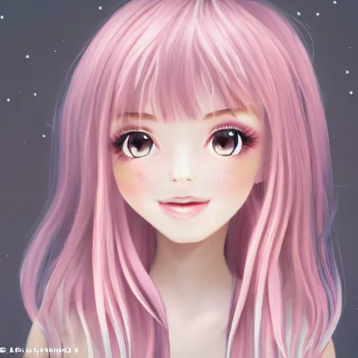 Image similar to Render of Nikki from Shining Nikki Dress-Up Game, a cute 3D young woman, long light pink hair, full bangs, full round face, hazel amber eyes, pale skin, cute freckles, light blush, Chinese heritage, smiling softly, wearing casual clothing, interior lighting, cozy living room background, medium shot, mid-shot, hyperdetailed, trending on Artstation, Unreal Engine 4k