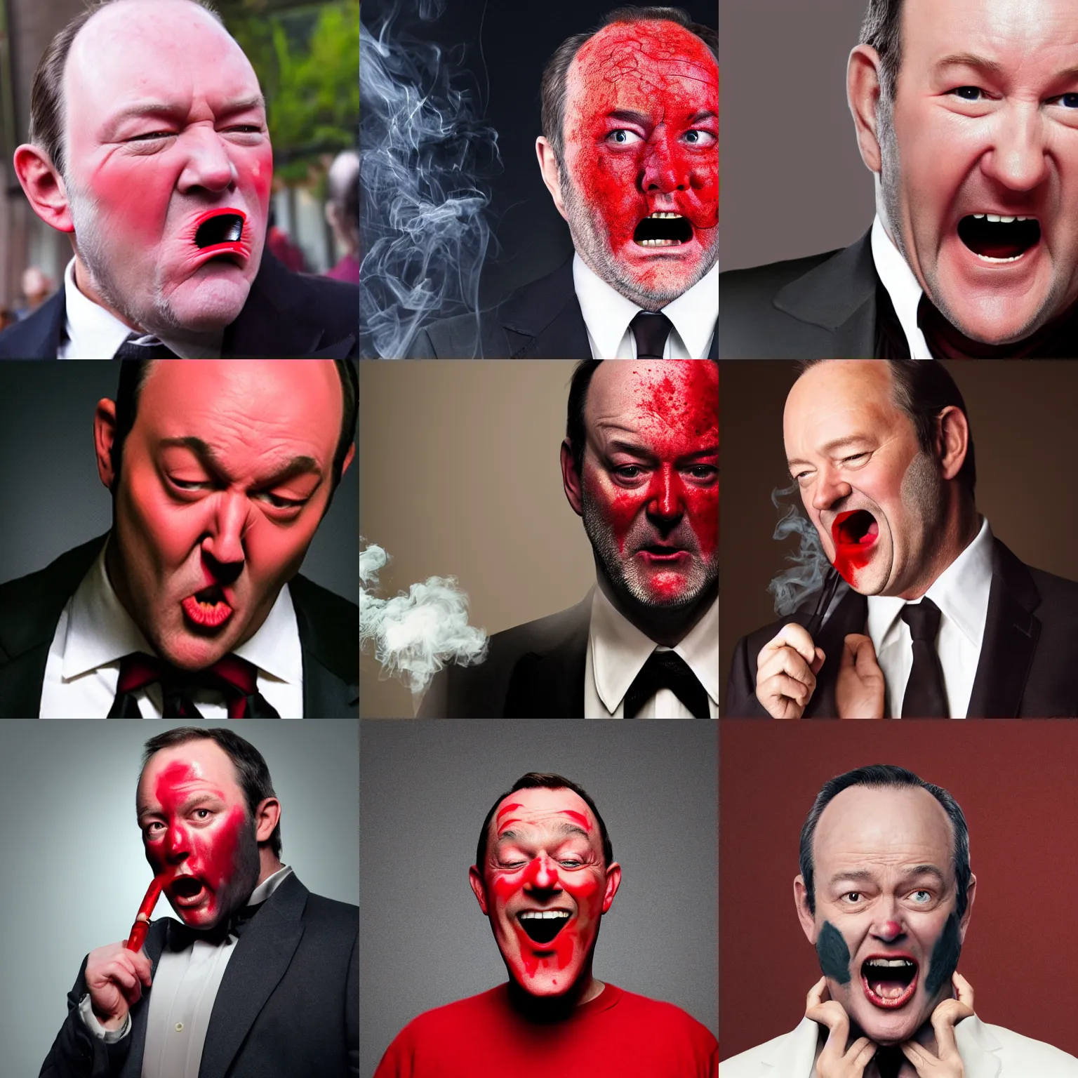 Prompt: screaming kevin spacy with red face. smoke is coming out of his ears