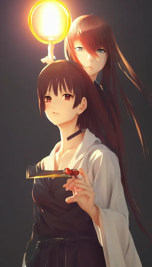 Image similar to beautiful anime girl holding a light source inside her hand, wearing samurai armor, expert high detail concept art, character design, perfect proportions defined faces, vivid colors, photorealistic shaded lighting poster ilya kuvshinov, katsuhiro, makoto shinkai, wlop, loish and clamp style, trending on artstation, best selling artist