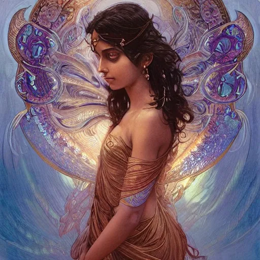 Image similar to Sri lankan girl as a winged angel covered in eyes with glowing halo, iridescent, seraphim, fantasy, intricate, elegant, highly detailed, digital painting, artstation, concept art, smooth, sharp focus, illustration, art by Krenz Cushart and Artem Demura and alphonse mucha