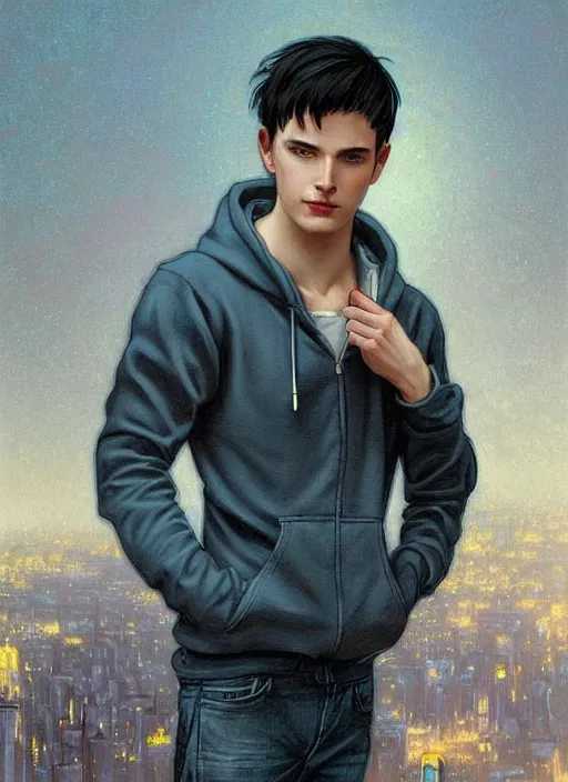 Image similar to handsome young man with short black hair, glowing light blue eyes, pale skin, wearing jeans and a black hoodie, detailed night time cityscape background, realistic painting by ross tran and gerald brom and alphonse mucha, ilya kuvshinov, svetlana tigai, artgerm, trending on artstation