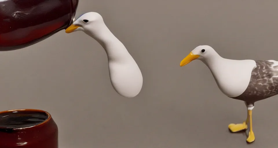 Image similar to seagull drinking a bottle of soy sauce, clay animation, highly detailed