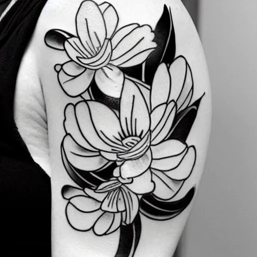 Image similar to black and white tattoo of koi fish with camelia flowers, on white background, japanese traditional style, stylized,