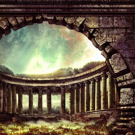 Image similar to roman structure in the forest, epic retrowave art, trending on art station