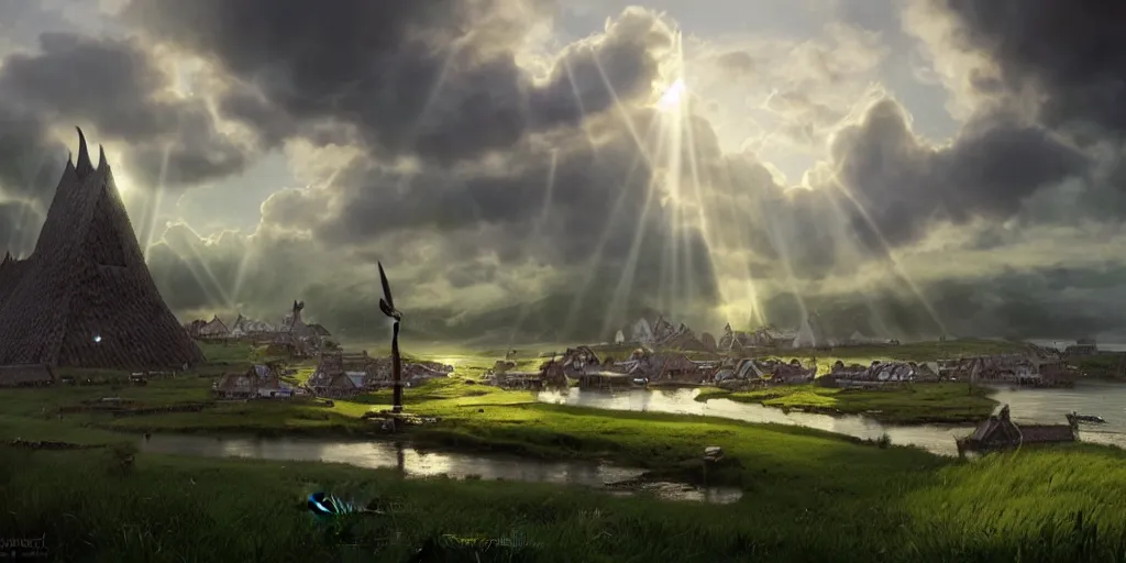 Image similar to beautiful viking city made from wood, green fields, sea, magic, gorgeous clouds, white marble, god rays, digital art, landscape, fantasy art, octane render, ureal engine, high detail, very realistic, by greg rutkowski. by james gurney