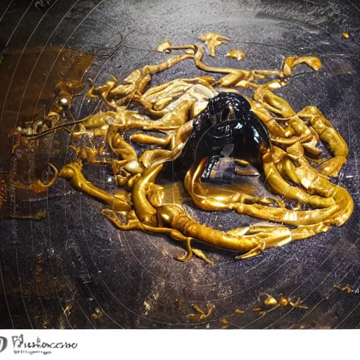 Image similar to realistic coubert dark hi-tech sci-fi lab at night, realistic full body oil painting of hideous and sick shiny black onyx skin human exposed guts crawling in two legs and dripping golden metalic fluid from intestine into a pool of golden liquid on the floor. Smokey atmosphere