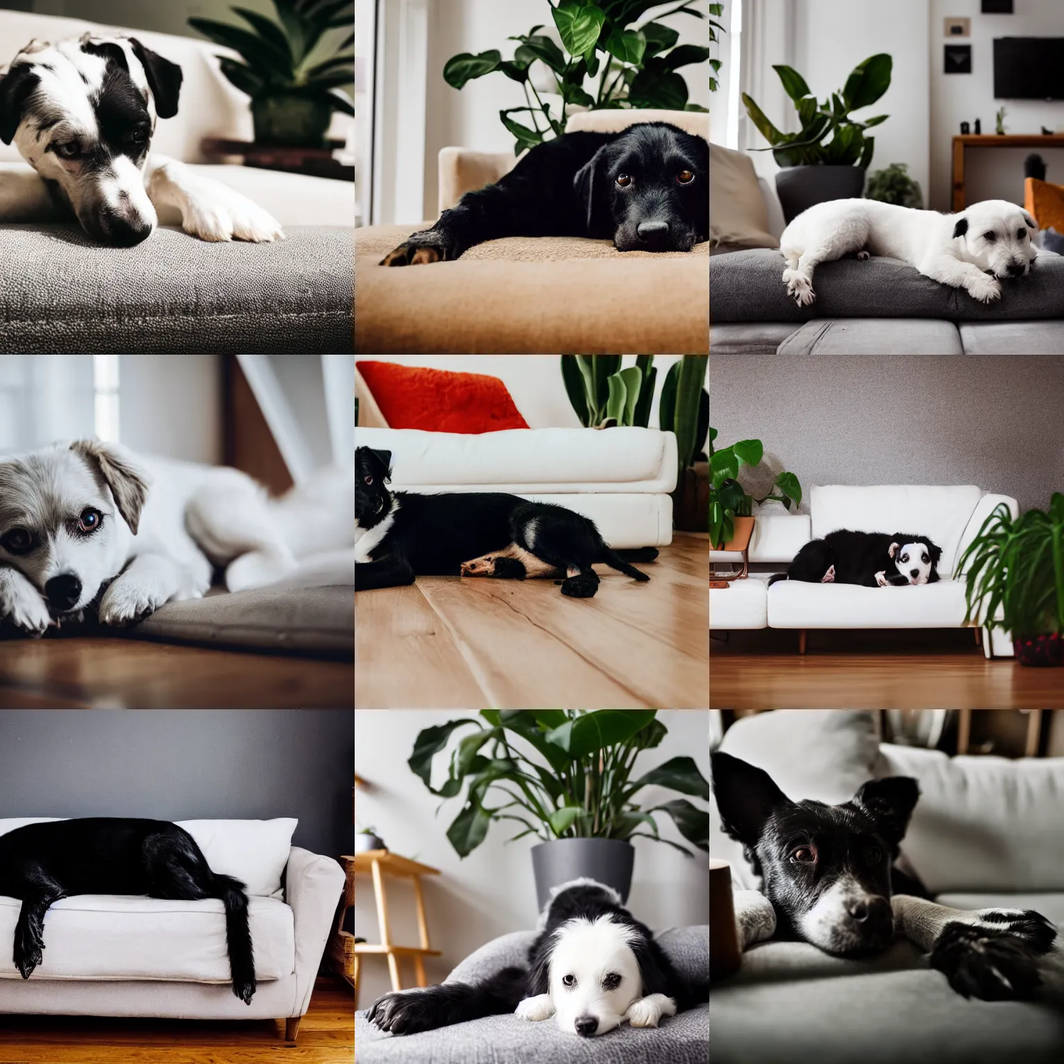 Prompt: a small white - faced black dog, lying down on the sofa, house plants and wood furniture in the background, modern house, indoors, dim light, photograph, 4 k, shot on iphone, for a catalogue