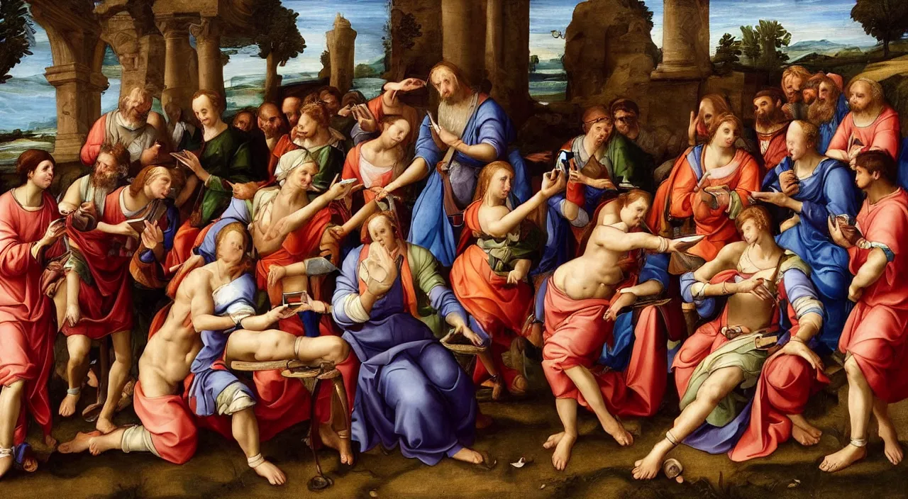 Prompt: Renaissance painting of the year 100 BC with people in a roman village, everyone is on their smartphones and waearing apple watches, highly detailed, hyperrealism, award winning, vibrant colors