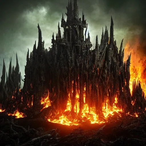 Prompt: hyperrealistic photograph of the black castle of rotbog swamp burned to the ground, fire, giant bones, dim volumetric lighting, octane beautifully detailed render, extremely hyper detailed, intricate, epic composition, cinematic lighting, masterpiece, trending on artstation, very detailed, stunning, hdr, smooth, sharp focus, high resolution, award, winning photo