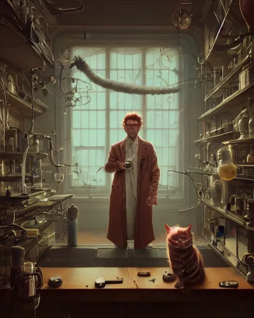 Prompt: highly detailed surreal vfx portrait of a mad cat scientist in weird laboratory, stephen bliss, unreal engine, greg rutkowski, loish, rhads, beeple, makoto shinkai and lois van baarle, ilya kuvshinov, rossdraws, tom bagshaw, alphonse mucha, global illumination, detailed and intricate environment