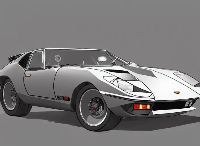 Image similar to a blending, amalgamation and detailed combination of a lamborghini countach, datsun 2 6 0 z and a jaguar e - type, concept art, round headlights, long front end, 8 k, highly detailed, trending on art station, dramatic lighting