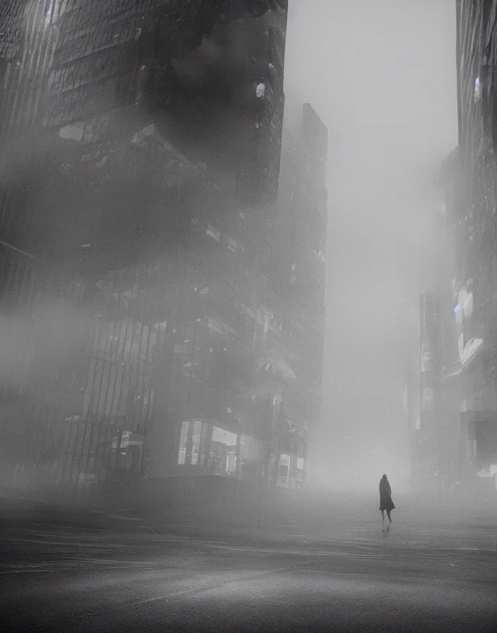 Image similar to very low - resolution found footage of a couple escaping in the city from a starfish kaiju monster, fog, foggy, korean film noir, monochrome, red hue, thriller, underdeveloped, epic, dramatic